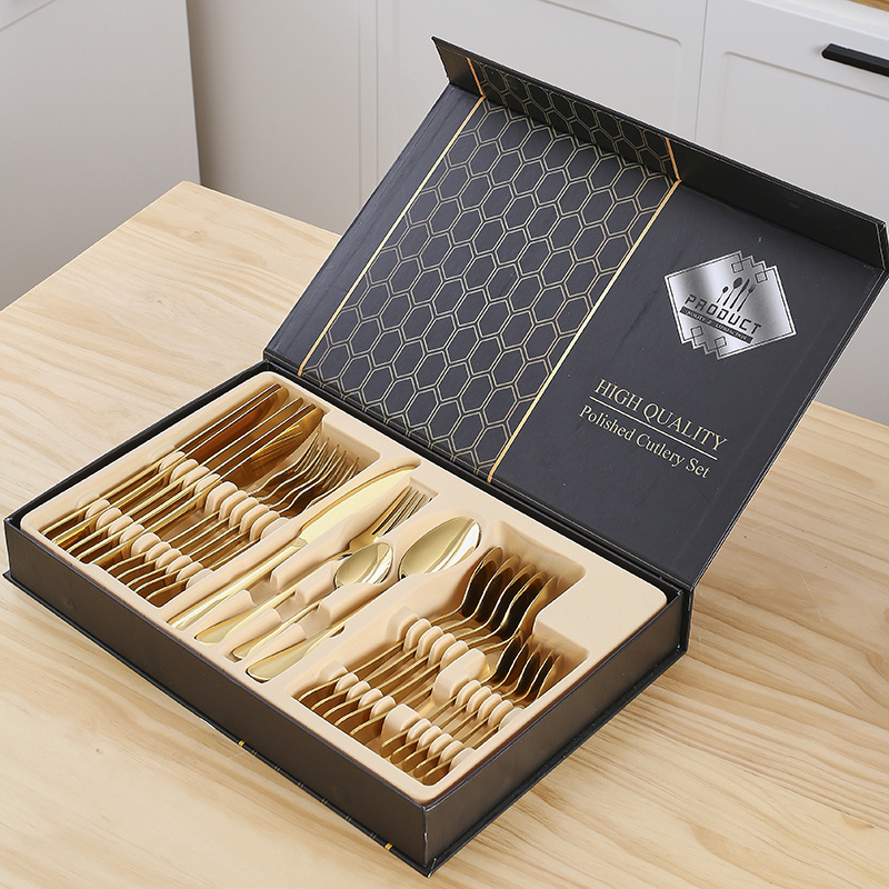 Luxury PVD gold 24pcs cutlery set stainless steel knife fork spoon gold flatware set with case