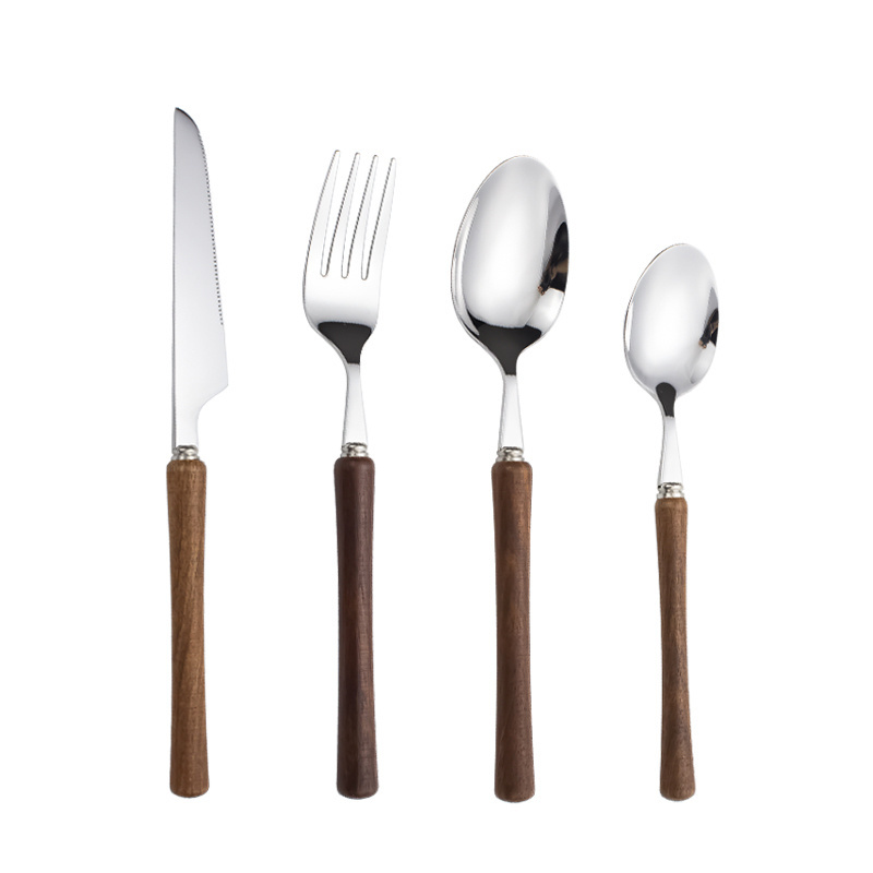 Luxury Silverware Stainless Steel Wooden Handle Cutlery Set 4-piece Knife Fork Spoon Cubiertos Set