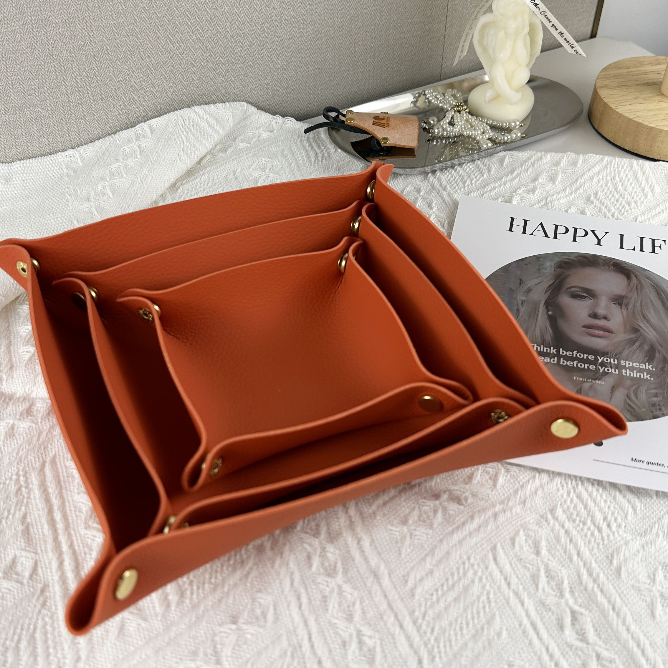 New Fashion Handmade Genuine Leather Collapsible Square Valet Tray Home Jewelry Storage Basket Box For Key Coin Phone Wallet