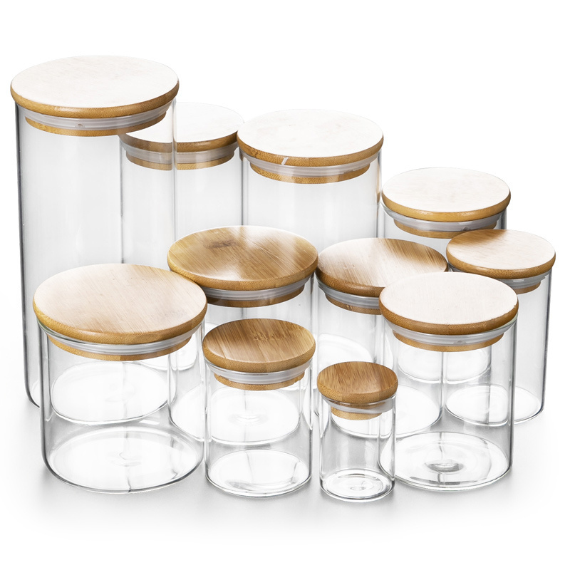 Eco-friendly borosilicate cookie candy honey food tank airtight glass storage jar with bamboo lid