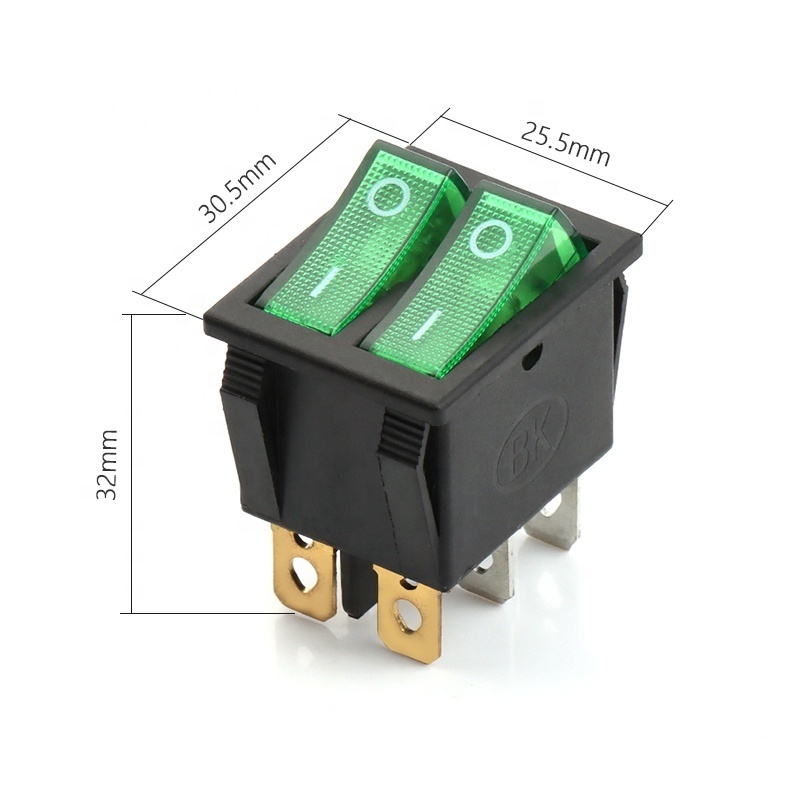 250vac 16a t100 55 rocker switch Kcd4 2 Way Red Green lamp 6 Pin Double Rocker Switch 2 position jk 932 boat rocker switch