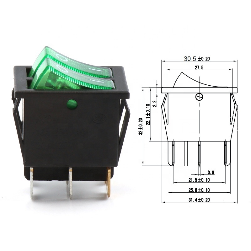 250vac 16a t100 55 rocker switch Kcd4 2 Way Red Green lamp 6 Pin Double Rocker Switch 2 position jk 932 boat rocker switch