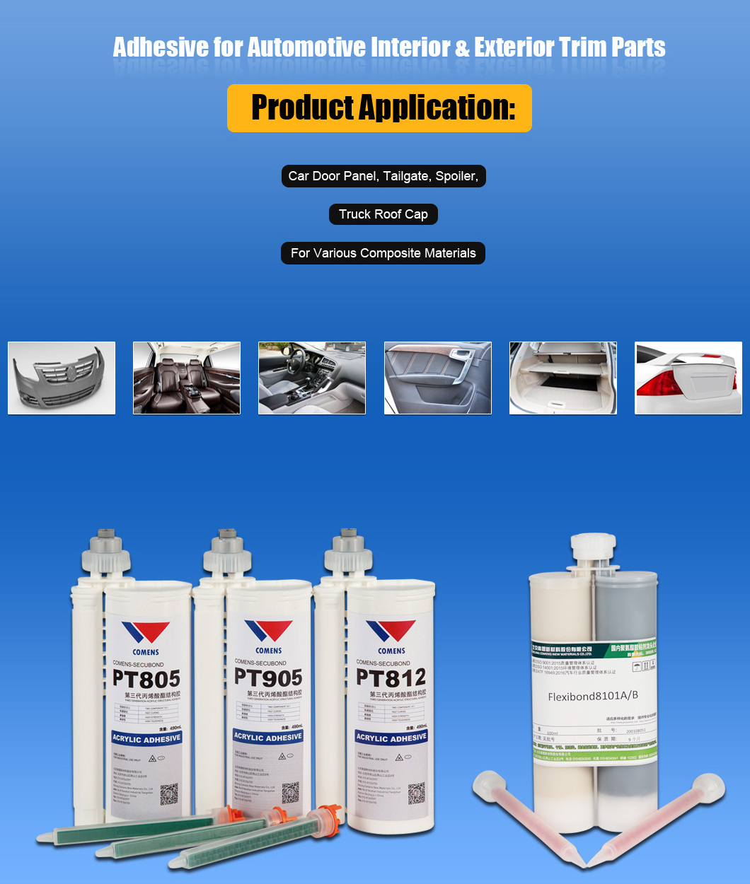 Two component polyurethane adhesive for auto spoiler composite materials ABS/PC/SMC/BMC/METAL bonding