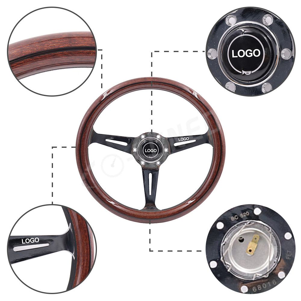 JDM 14inch 350mm Drifting Sport Wood Steering Wheel Grain Black Frame Steering Wheel With Racing Logo N* Universal Car Parts