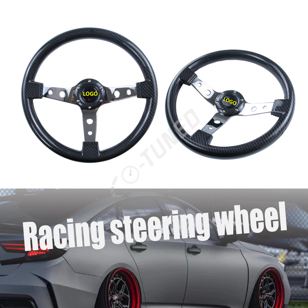 345mm JDM Style Custom Logo Glossy Carbon Fiber Look 6-Holes Chrome spoke Racing Steering Wheel With Logo Horn Button