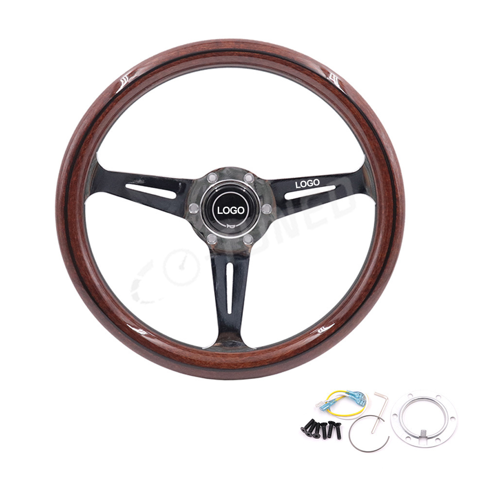 JDM 14inch 350mm Drifting Sport Wood Steering Wheel Grain Black Frame Steering Wheel With Racing Logo N* Universal Car Parts