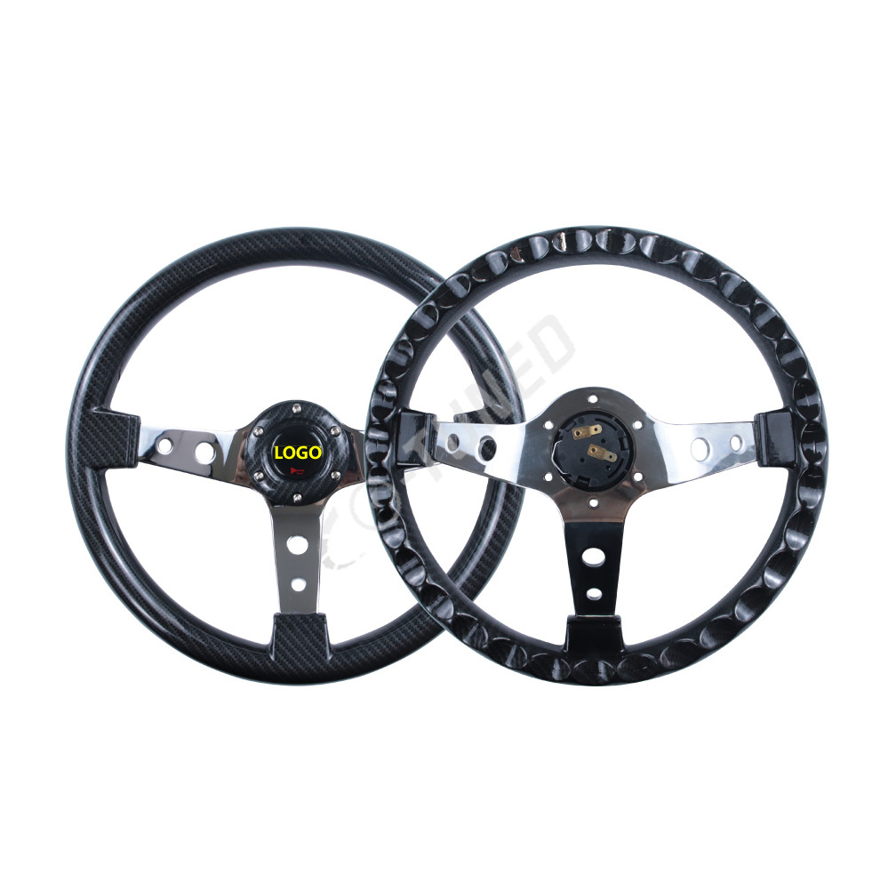 345mm JDM Style Custom Logo Glossy Carbon Fiber Look 6-Holes Chrome spoke Racing Steering Wheel With Logo Horn Button