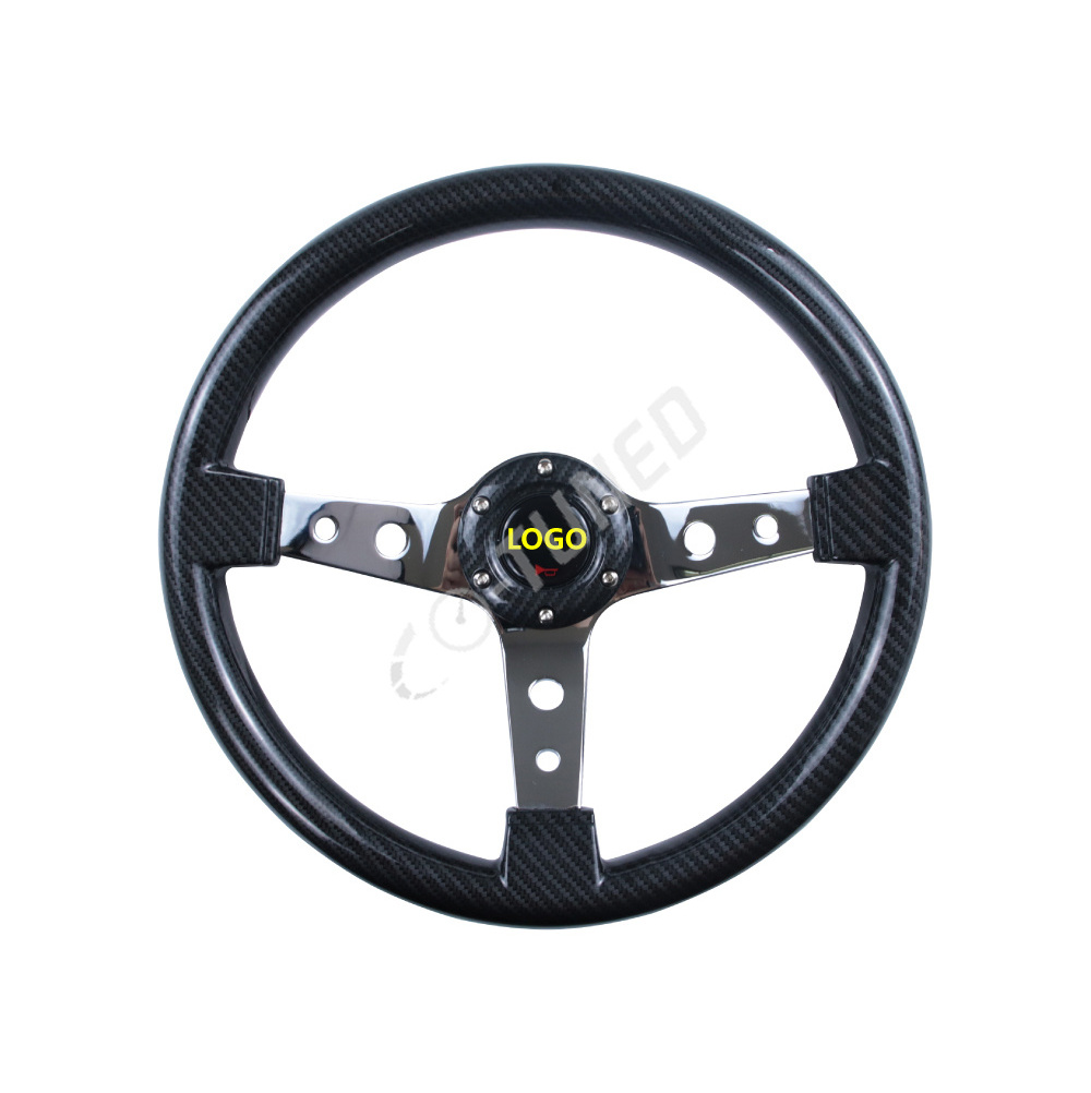 345mm JDM Style Custom Logo Glossy Carbon Fiber Look 6-Holes Chrome spoke Racing Steering Wheel With Logo Horn Button