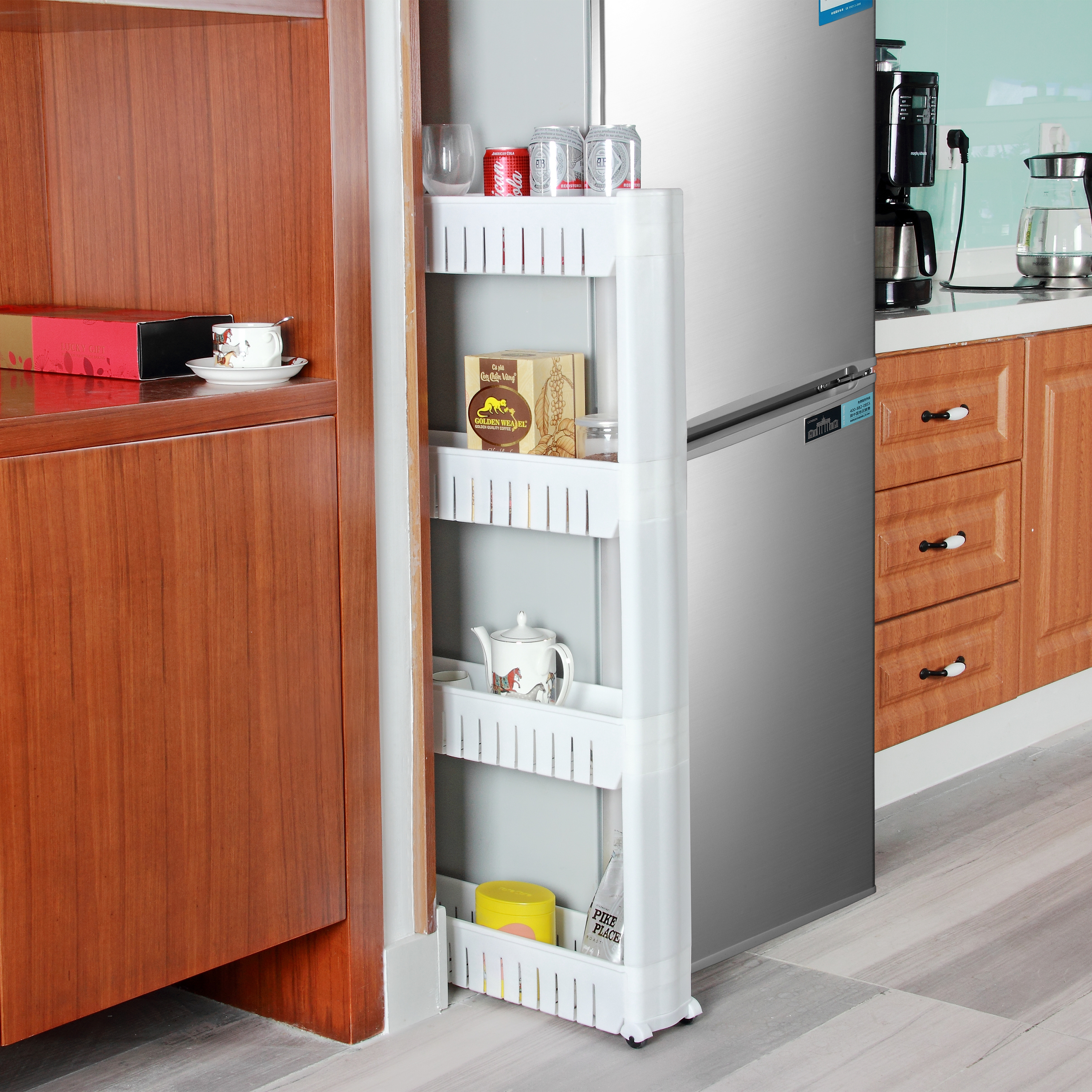 4 Tier Slim Slide Out pantry Storage Tower, storage cart for Laundry and Bathroom and Kitchen