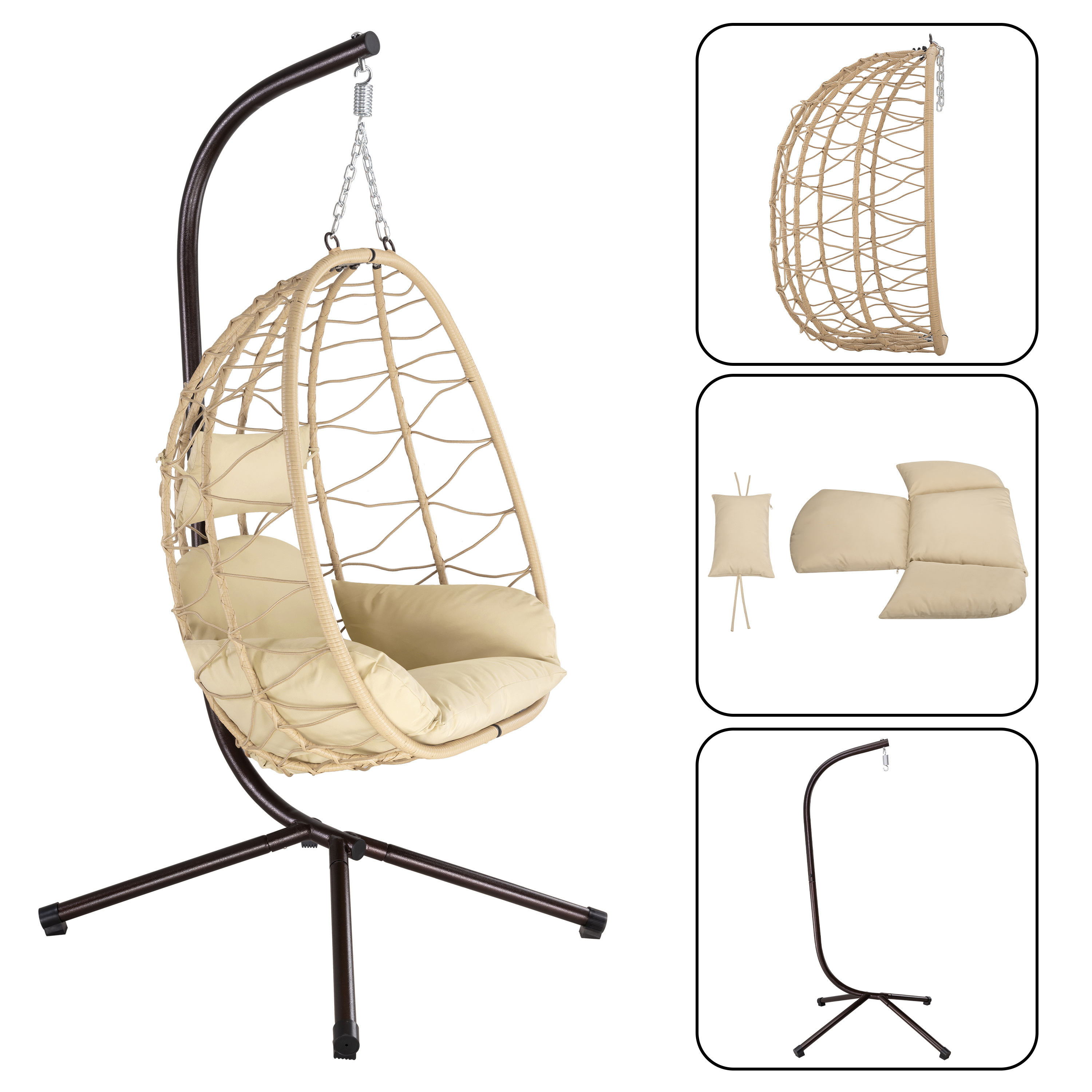 Hanging Chair with Frame Soft Seat Cushion Side Padding and Back Cushion Hanging Chair Indoor  Outdoor Garden Swing