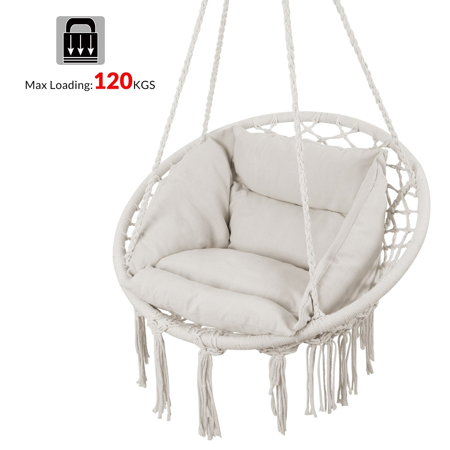 Hanging chair with large soft ceiling hook, braided fringes cotton  hammock set for hanging