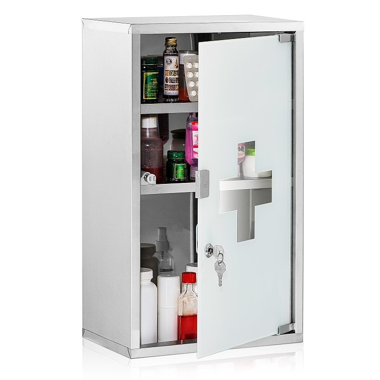 Medical glass compartments glass door to lock with2 keys child-resistant medication storage medicine cabinet