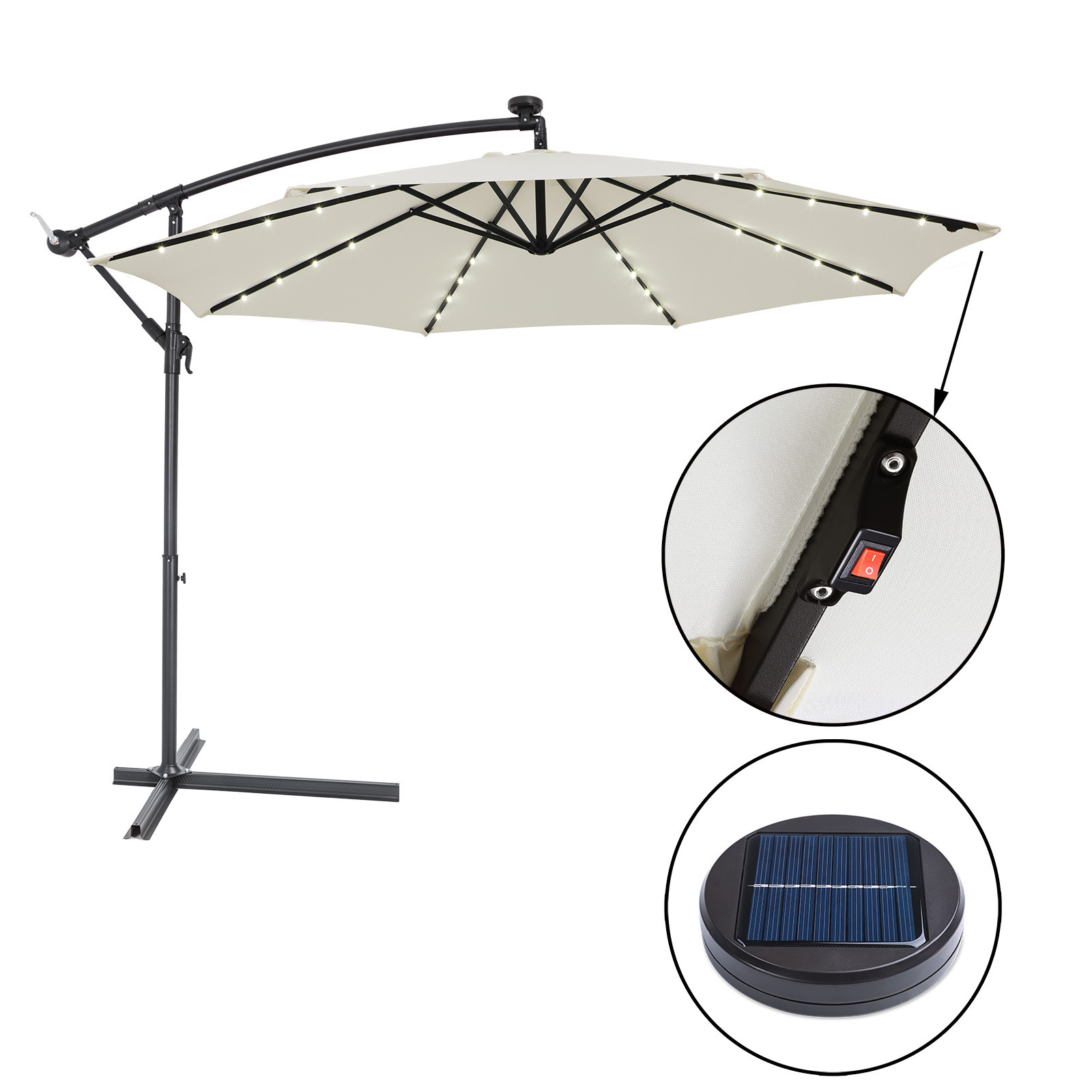 3.3m Outdoor Furniture LED Parasol Sun Shade Cantilever Banana Hanging Umbrella With Silicon Solar Panel