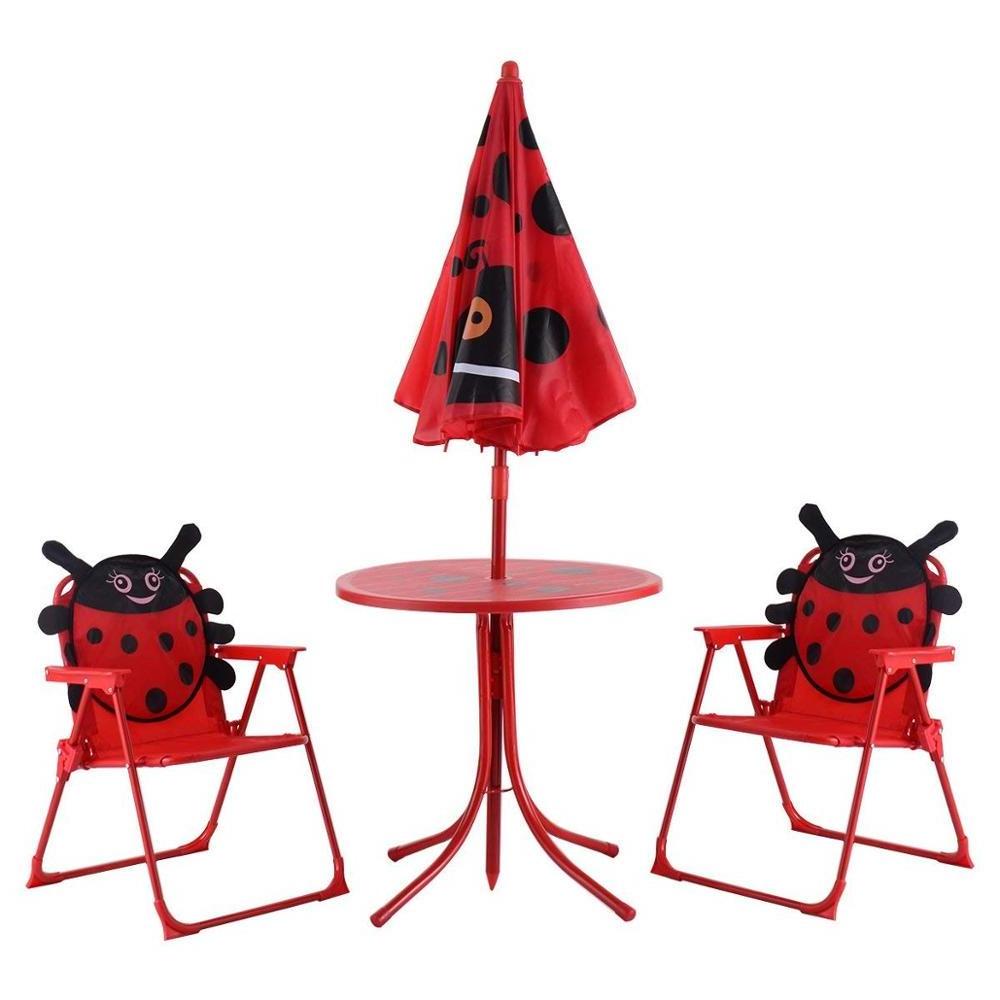 Ladybug Folding Table and Chair Kids Patio Set  Picnic Table with Removable Umbrella for Outdoor Garden