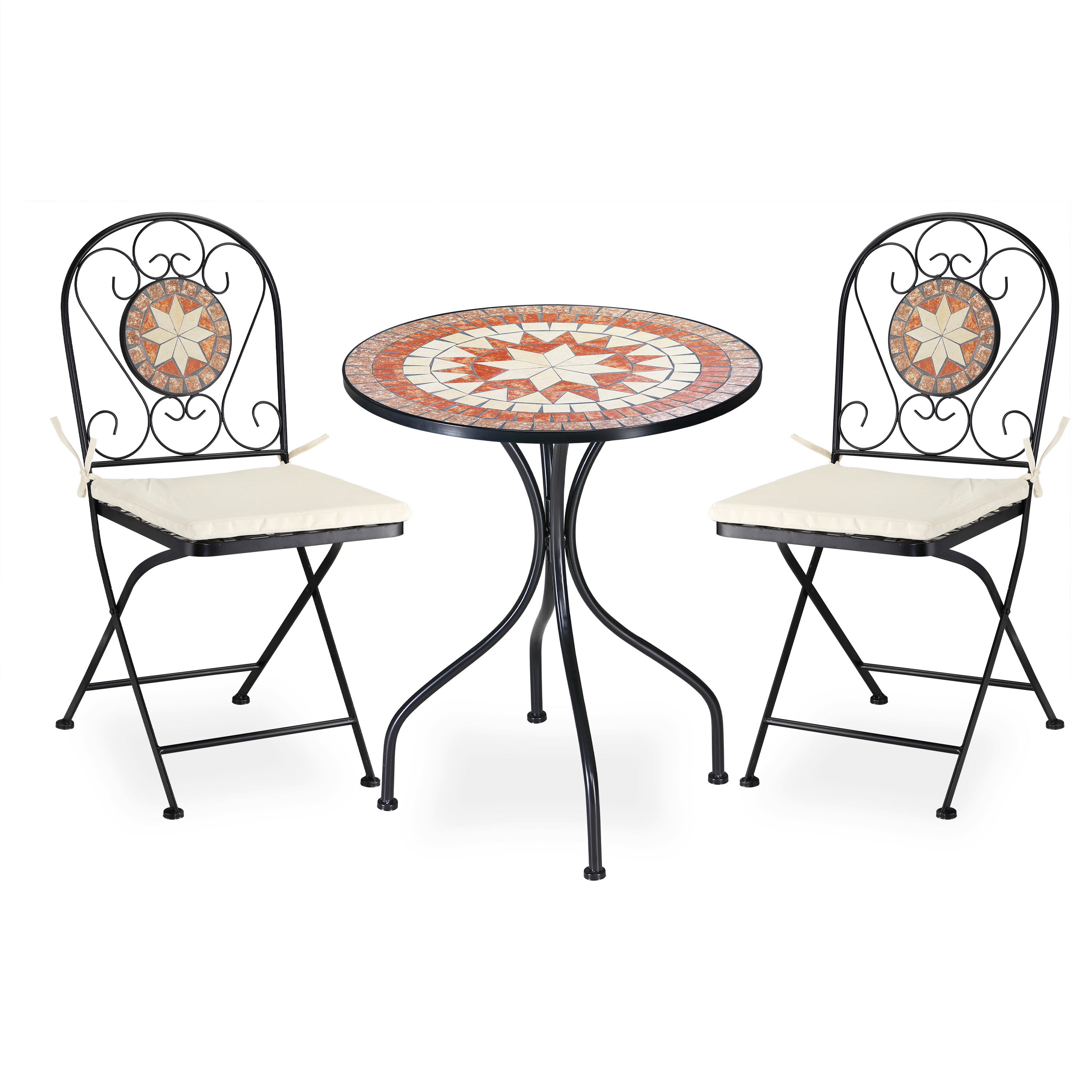 Outdoor Garden Furniture Sets Dining Chair Round Table with cushions  Mosaic metal table sets 2 folding chair