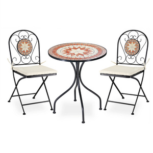 Outdoor Garden Furniture Sets Dining Chair Round Table with cushions  Mosaic metal table sets 2 folding chair