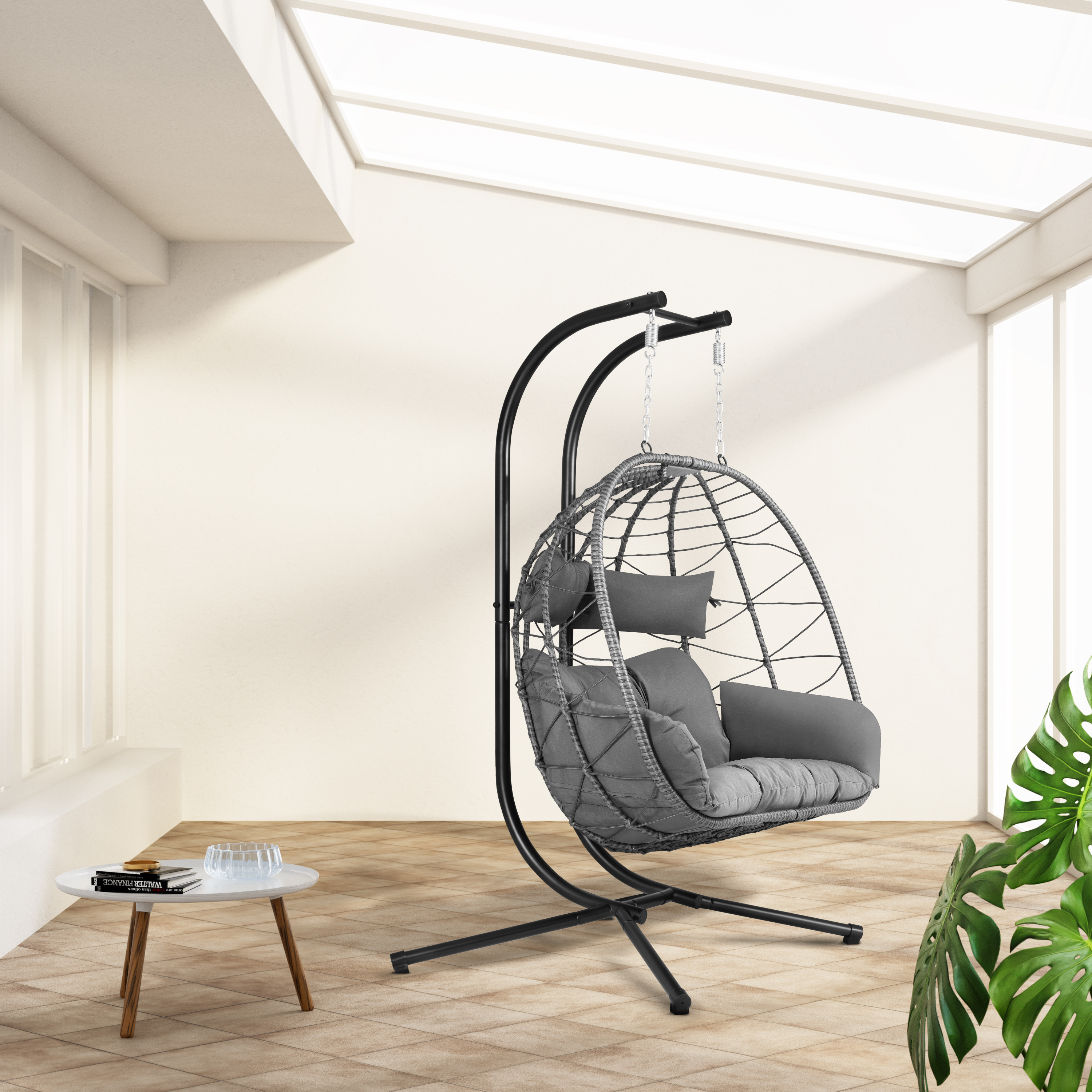 Double folding hanging chair Stand-Mounted Porch Indoor Foldable Wicker Rattan Outdoor Egg Chair Patio Garden Hanging  Swing