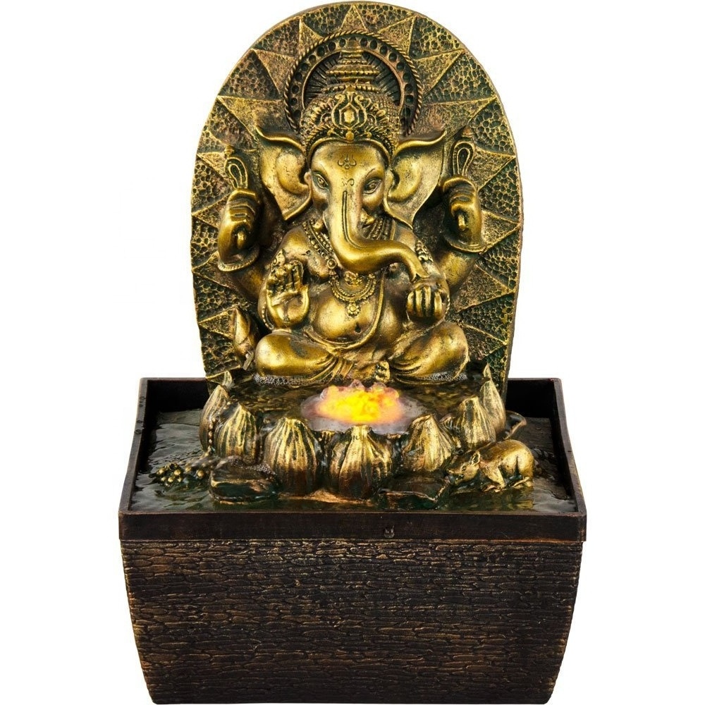 Indoor Tabletop Ganesha Buddhism Water Fountain Tabletop Fountain of Elephant Sculpture Light for Home Office Home Decoration