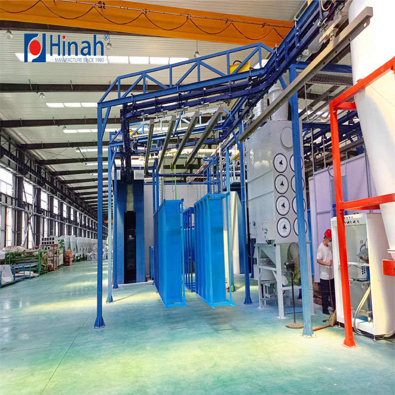 Small space high capacity power and free overhead conveyor powder coating line