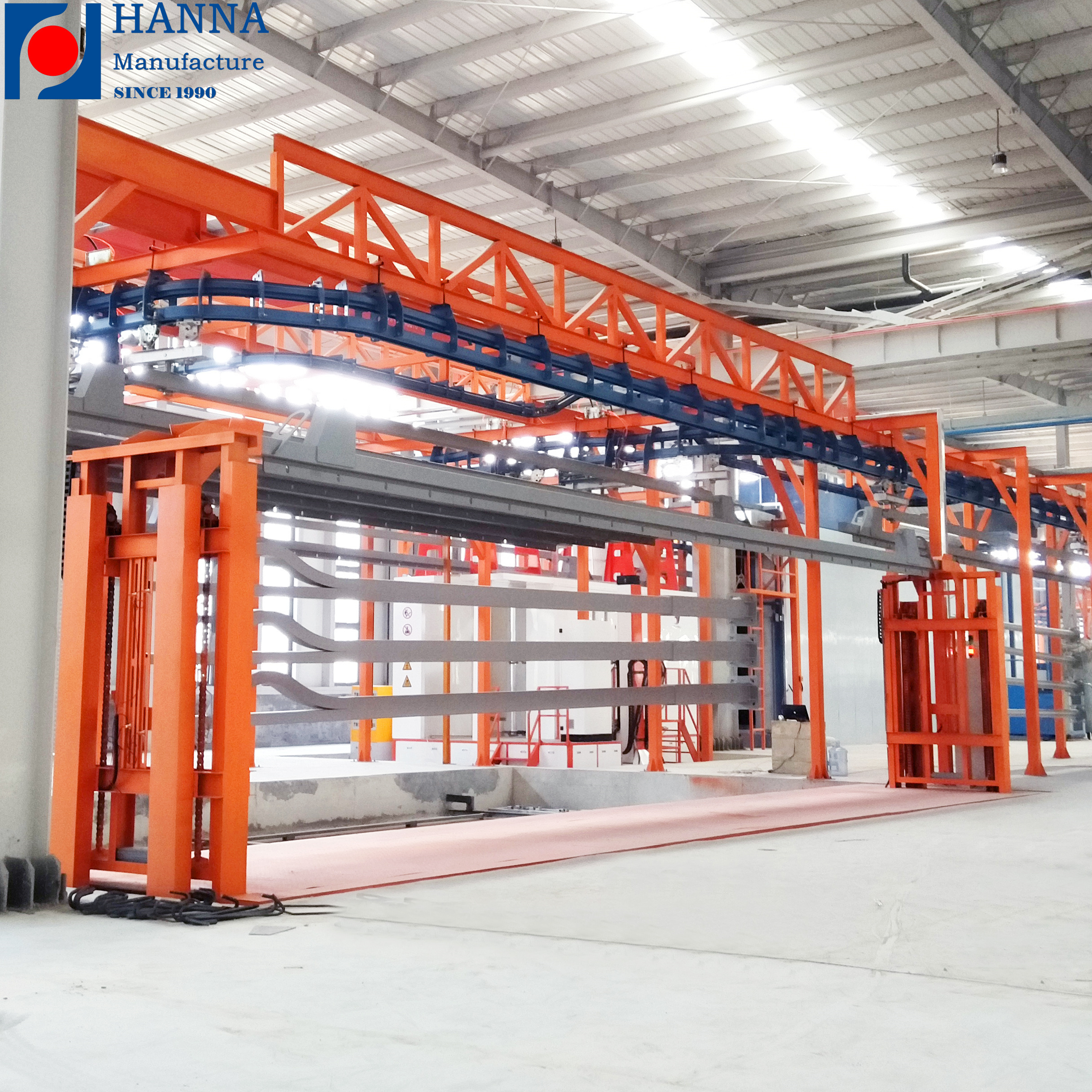 Small space high capacity power and free overhead conveyor powder coating line