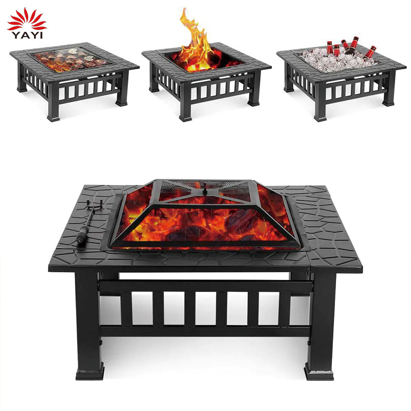 32 Inch Outside Wood Burning Fireplace Outdoor Square Metal Firepit Large Steel Bonfire Table Fire Pit