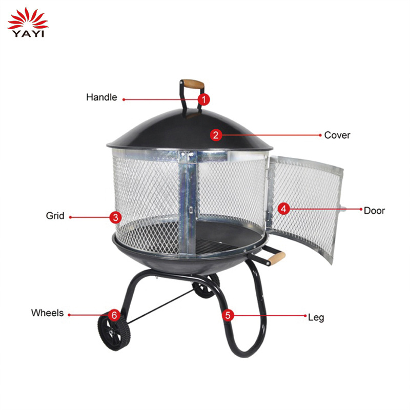 Outdoor and Indoor Easy To Move Two Wheels Black Wooden Burning Fireplace Portable Fire Pit