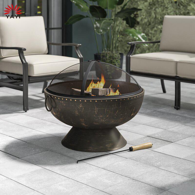 Round Wood Burning Patio Firebowl with Portable Poker and Spark Screen Steel Wood Burning Fire Pit