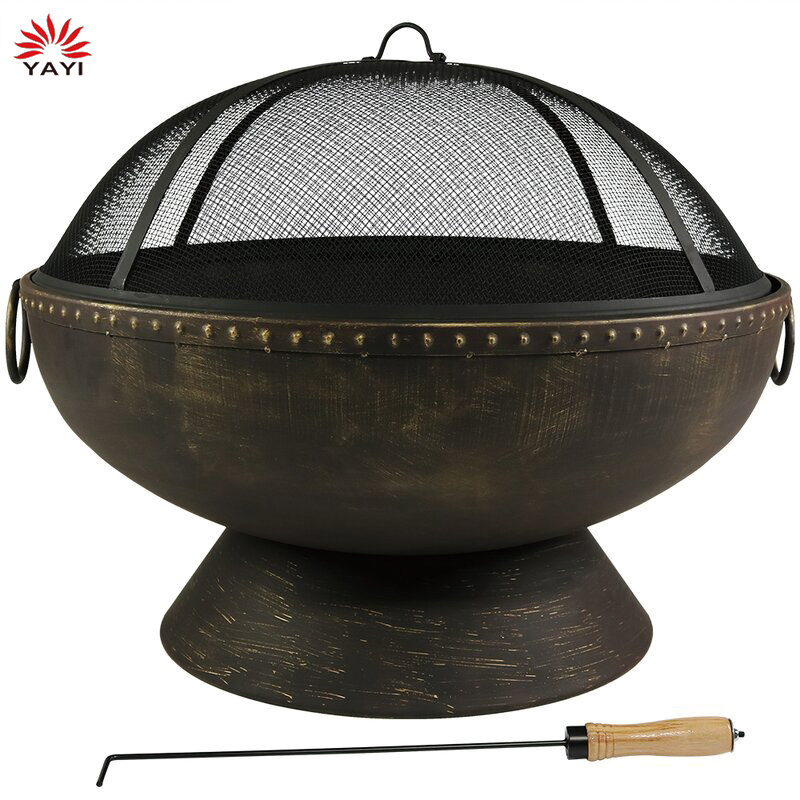 Round Wood Burning Patio Firebowl with Portable Poker and Spark Screen Steel Wood Burning Fire Pit