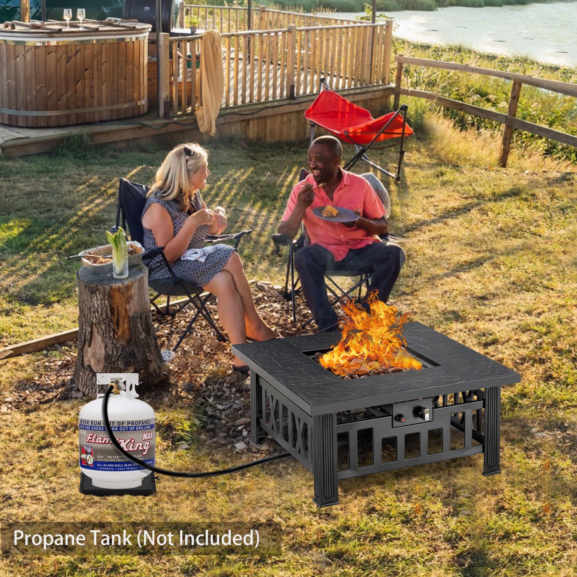 Propane fire pit 30 inch 50000 BTU square outdoor gas fire table with lid and lava rock adjustable flame steel fire table