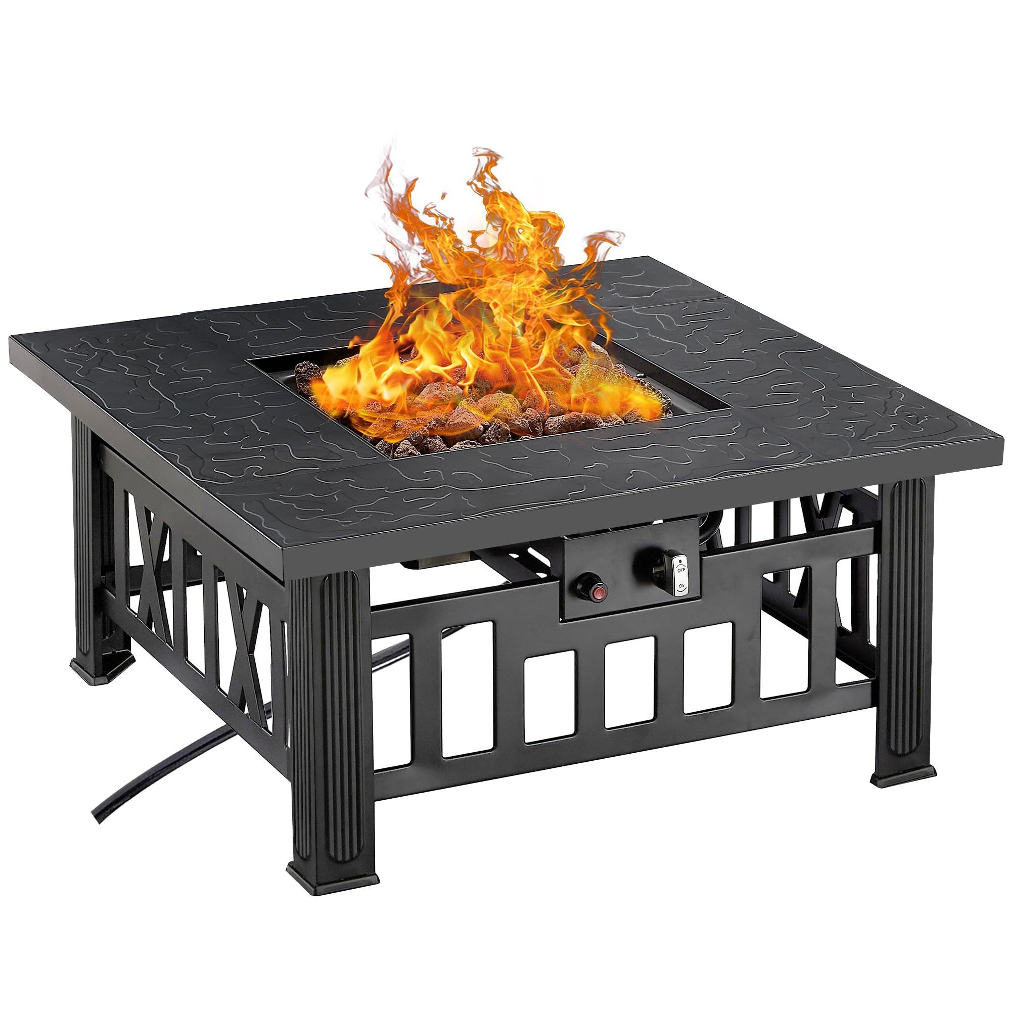 Propane fire pit 30 inch 50000 BTU square outdoor gas fire table with lid and lava rock adjustable flame steel fire table