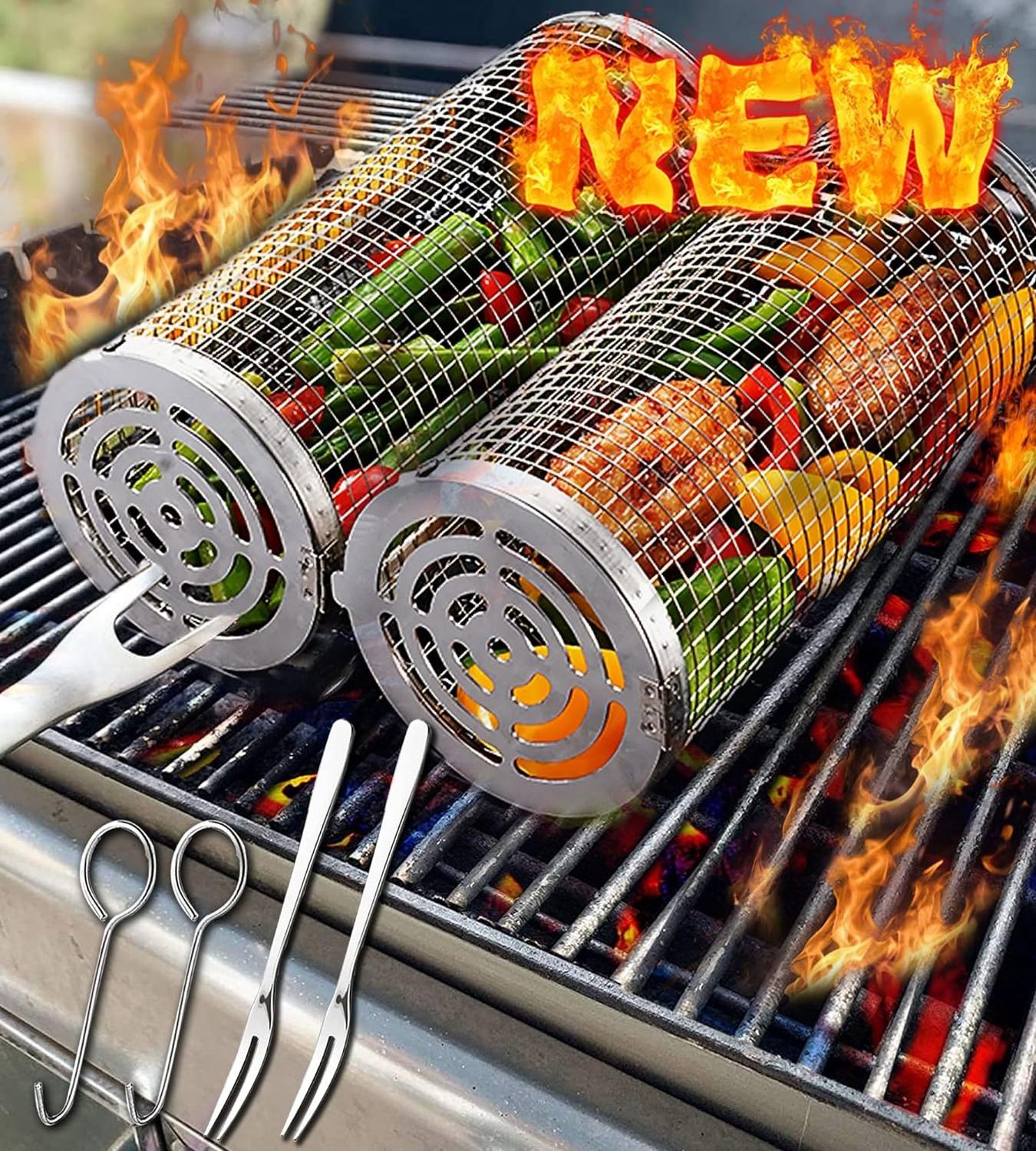 Stainless Steel Greatest Grilling Basket Ever Wire Mesh Cylinder Barbecue Grilling Basket Bbq Grill Vegetable Basket