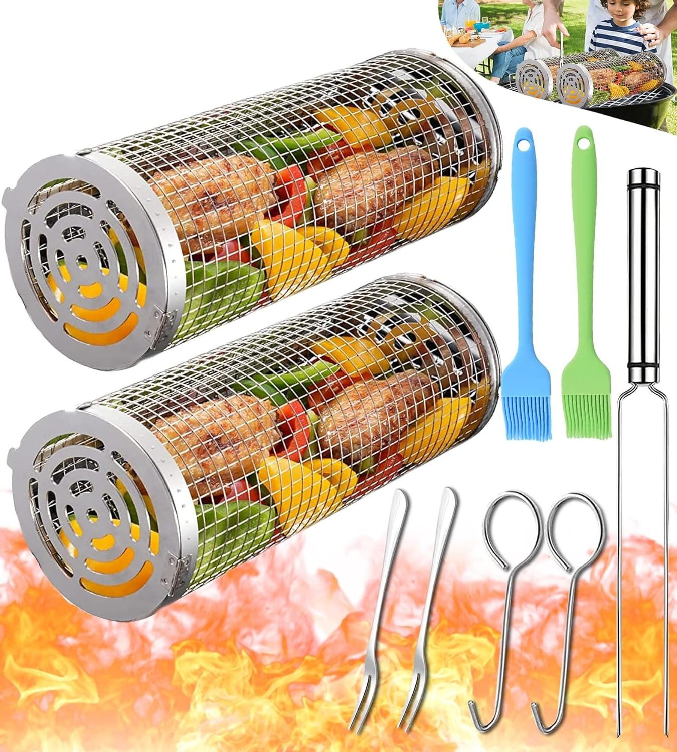 Stainless Steel Greatest Grilling Basket Ever Wire Mesh Cylinder Barbecue Grilling Basket Bbq Grill Vegetable Basket