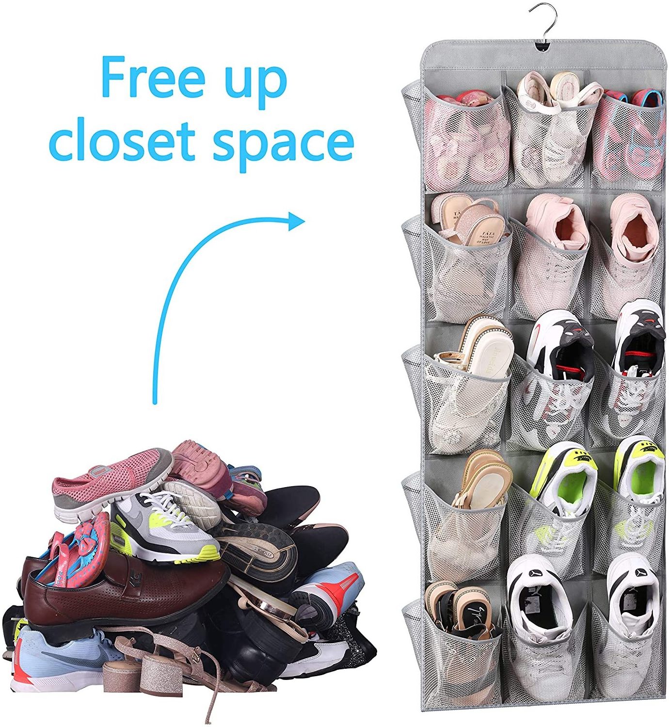 30 Large Pockets Dual Sided Hanging Shoe Organizer for Closet with Rotating Hanger Hanging Shoe Shelves, Grey