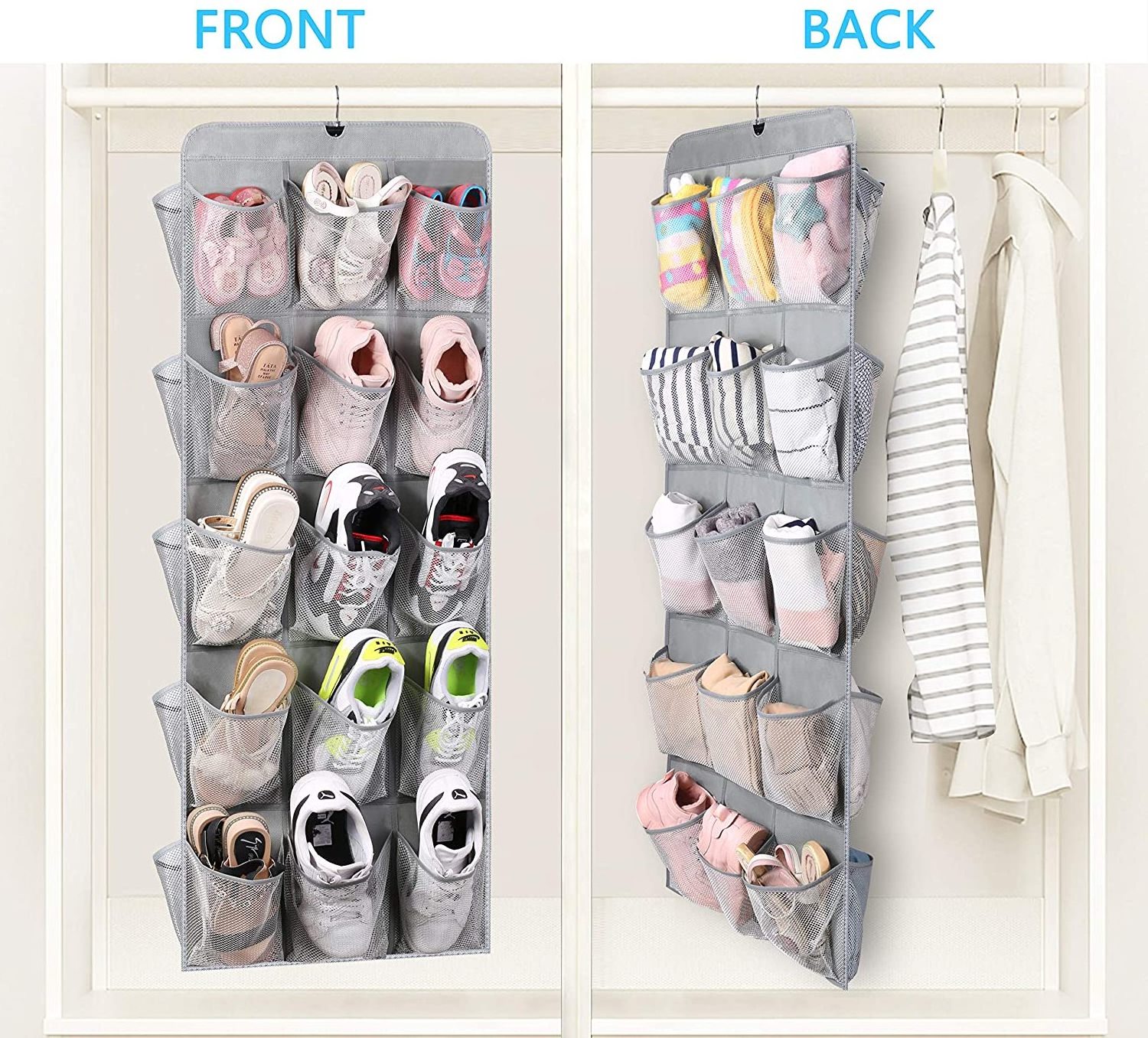 30 Large Pockets Dual Sided Hanging Shoe Organizer for Closet with Rotating Hanger Hanging Shoe Shelves, Grey