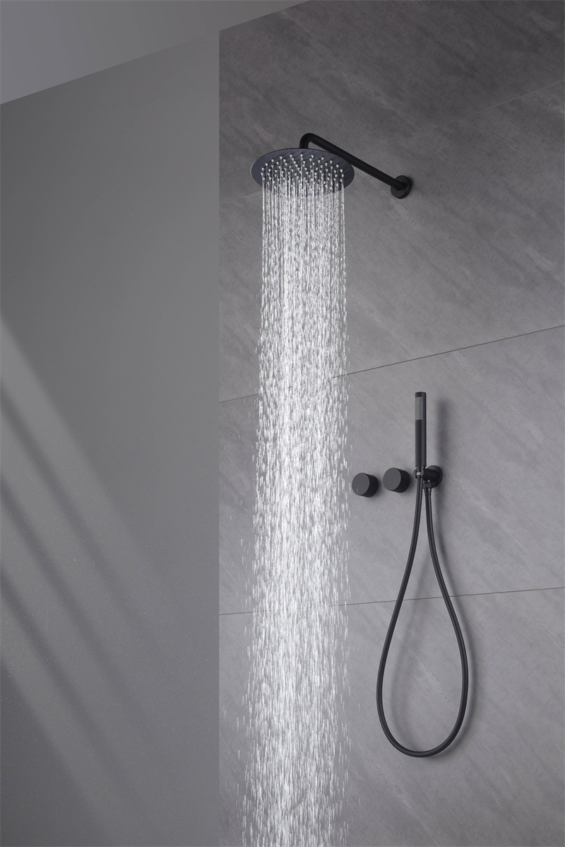 10 Inch Matte Black Ultra Thin Head Shower Faucet Set Brass Handle Round Rainfall Shower Trim Kit