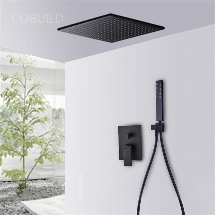 12 Inch Rain Pressure Boosting Ceiling Shower Heads Faucet Square Concealed Shower Set Black