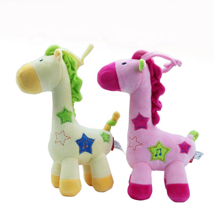 Funny Rainbow giraffe plush toy with Music box Soft stuffed horse Children's animal companion toy Custom logo