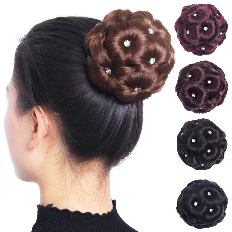 bridal wed braid hair bun piece, wig with bun for short hair, artificial nine flower hair bun pad