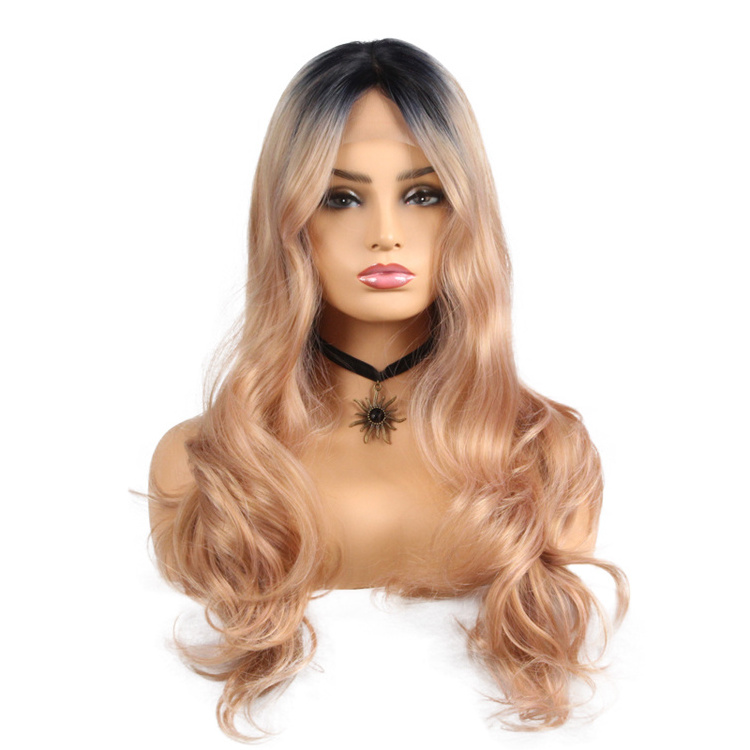 ombre color loose curly synthetic lace front wig, imported synthetic fiber wig blond dark roots