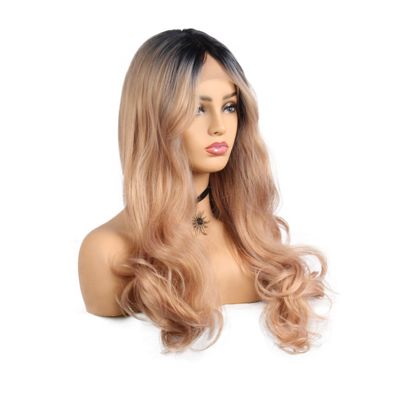 ombre color loose curly synthetic lace front wig, imported synthetic fiber wig blond dark roots