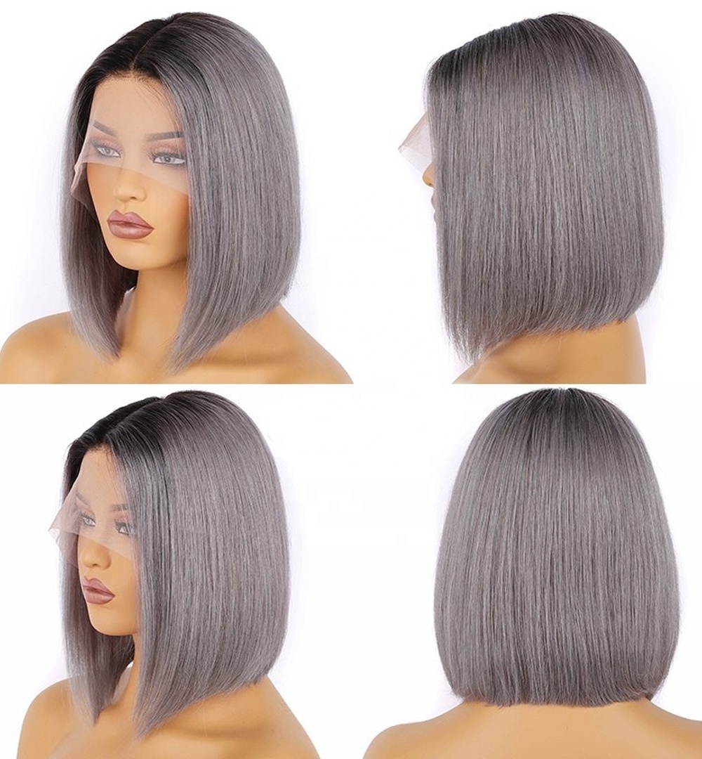 Wholesale Fashion Ombre Grey Short Bob Wigs 13x4 T Part Transparent Lace Front Human Hair Wigs for Black Women