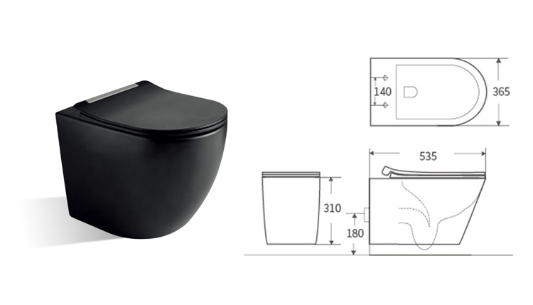 European black color wall mounted toilet rimless flushing system wall hung toilet with black toilet seat