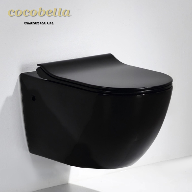 European black color wall mounted toilet rimless flushing system wall hung toilet with black toilet seat