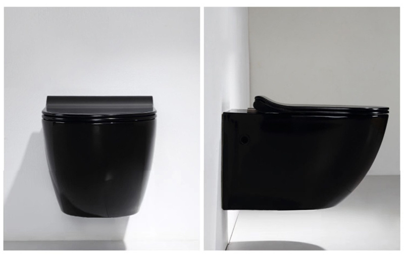 European black color wall mounted toilet rimless flushing system wall hung toilet with black toilet seat