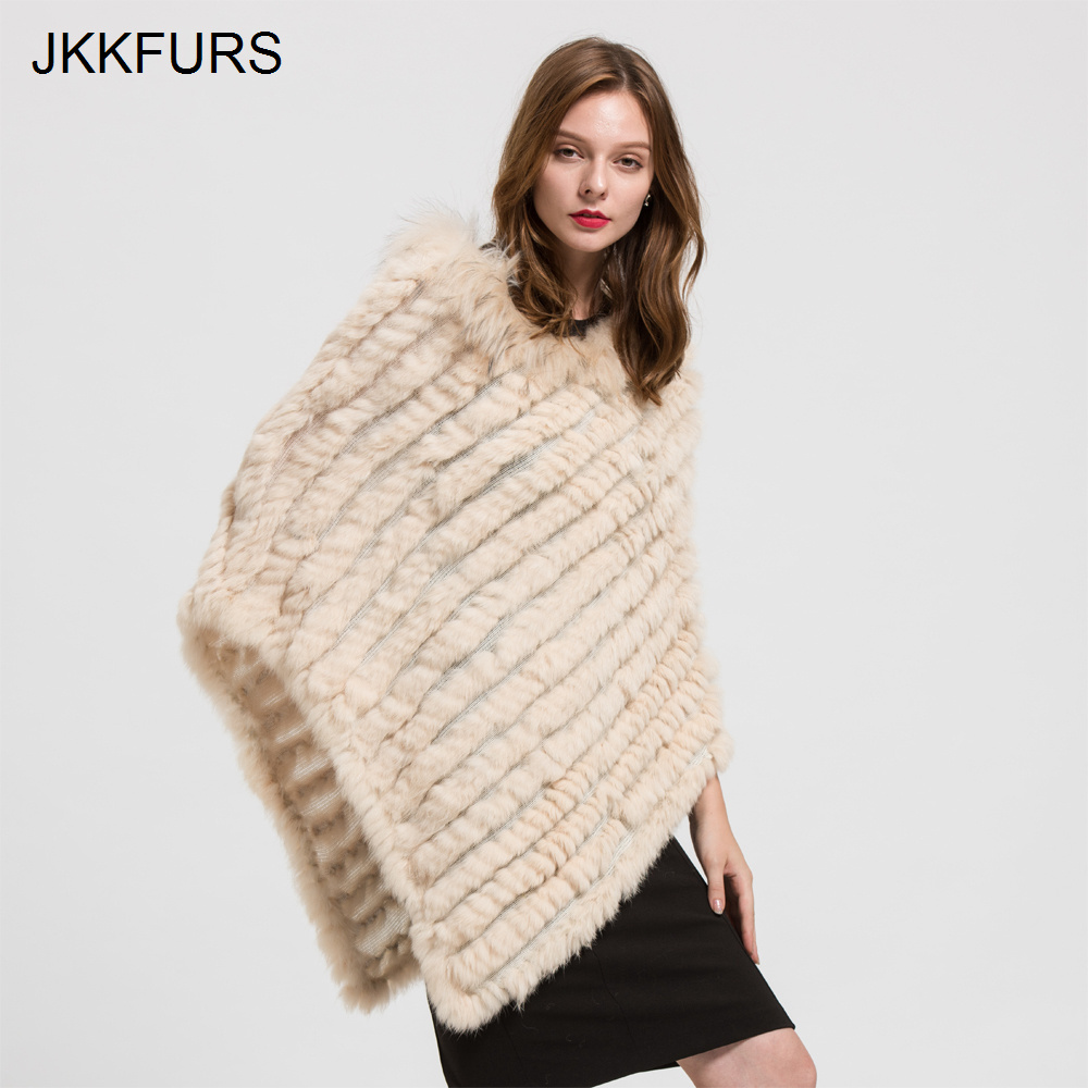 Raccoon Fur Collar Large Cape Winter Fashion Womens Genuine Rabbit Knitted Fur Shawls Poncho