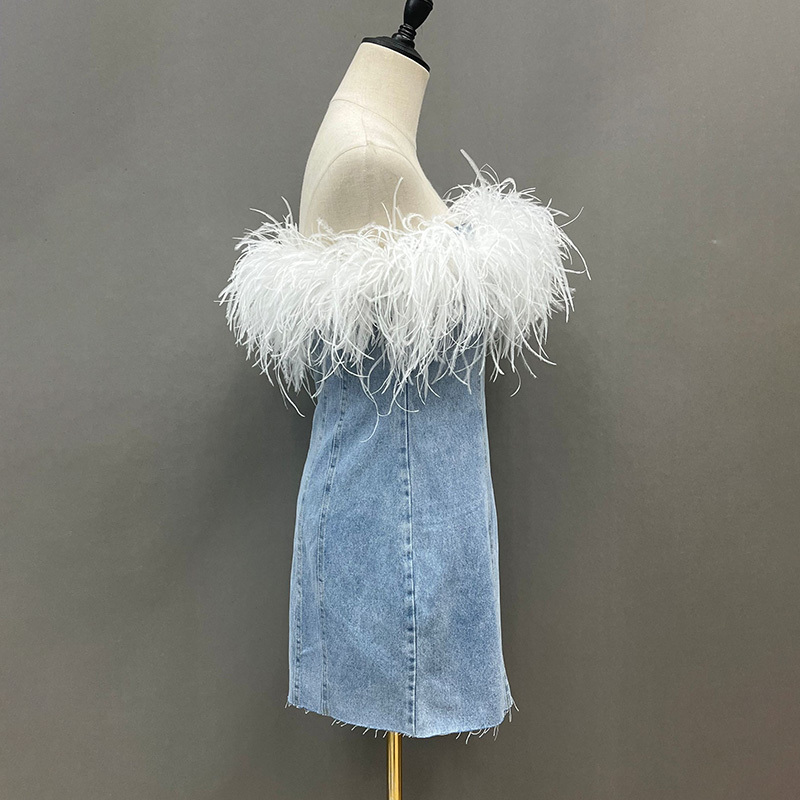 Luxury Evening Party Women Bodycon Sleeveless Denim Dress with Ostrich Feather