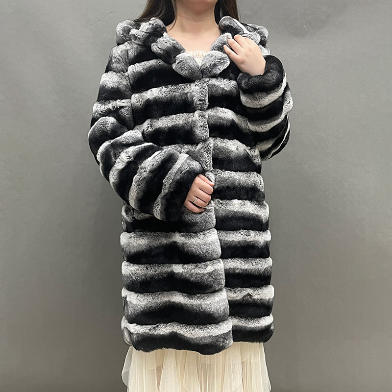 Women Winter Long Hooded Overcoat Real Rex Rabbit Fur Coat Chinchilla Fur Coat