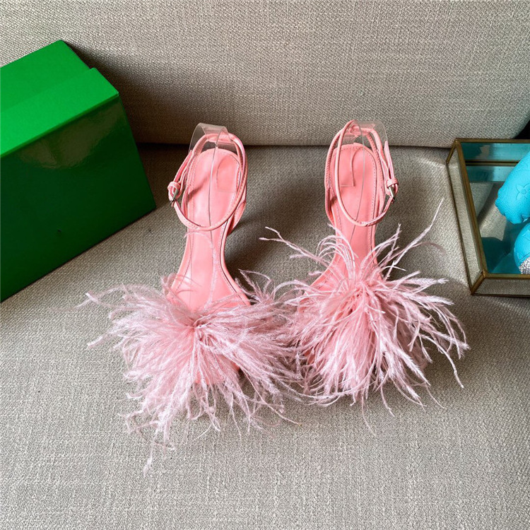 Luxurious European And American Summer Ladies Sandals Ostrich Feather High Heel Shoes Stiletto Heels Shoes