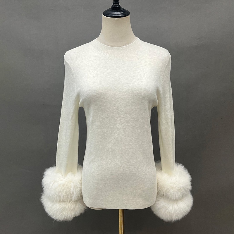 Women Pullover Sweater Winter Fox Fur Cuff High Quality Turtleneck Cardigan Sweater