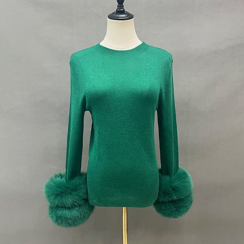 Women Pullover Sweater Winter Fox Fur Cuff High Quality Turtleneck Cardigan Sweater